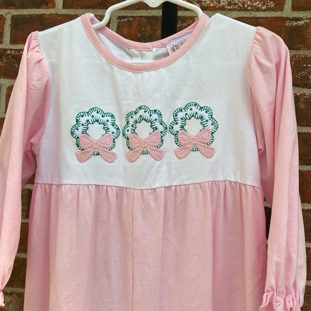 The Smocking Place Pink Romper LongAll Christmas Wreath Appliqué Size 3